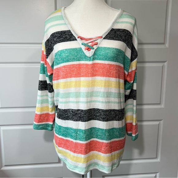 Striped V‎ Neck Top Lace Up Pullover Casual Colorful Knit Sweater - Picture 1 of 6
